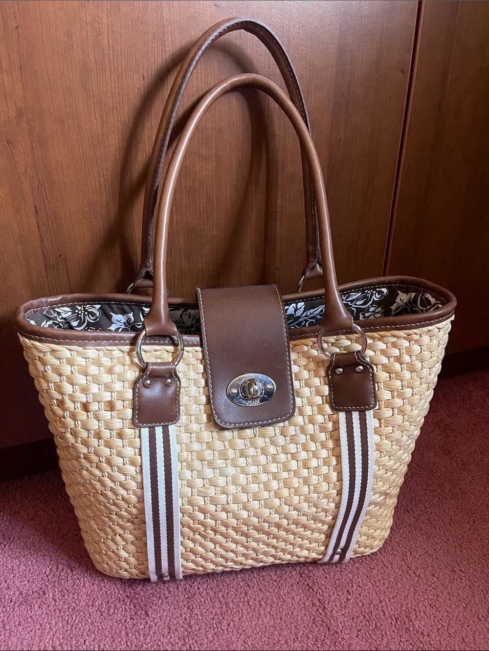 Chaps Tan Woven Tote with Brown Trim and Striped Handles